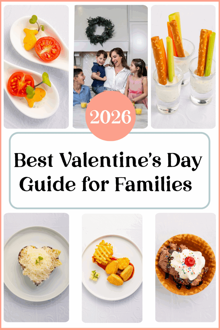 Complete Valentine's Day guide 2026 showing fancy kids dinners including Goldfish caviar bites, veggie ranch shooters, heart-shaped pasta, chicken nuggets with waffle fries, ice cream sundae, and family cooking together