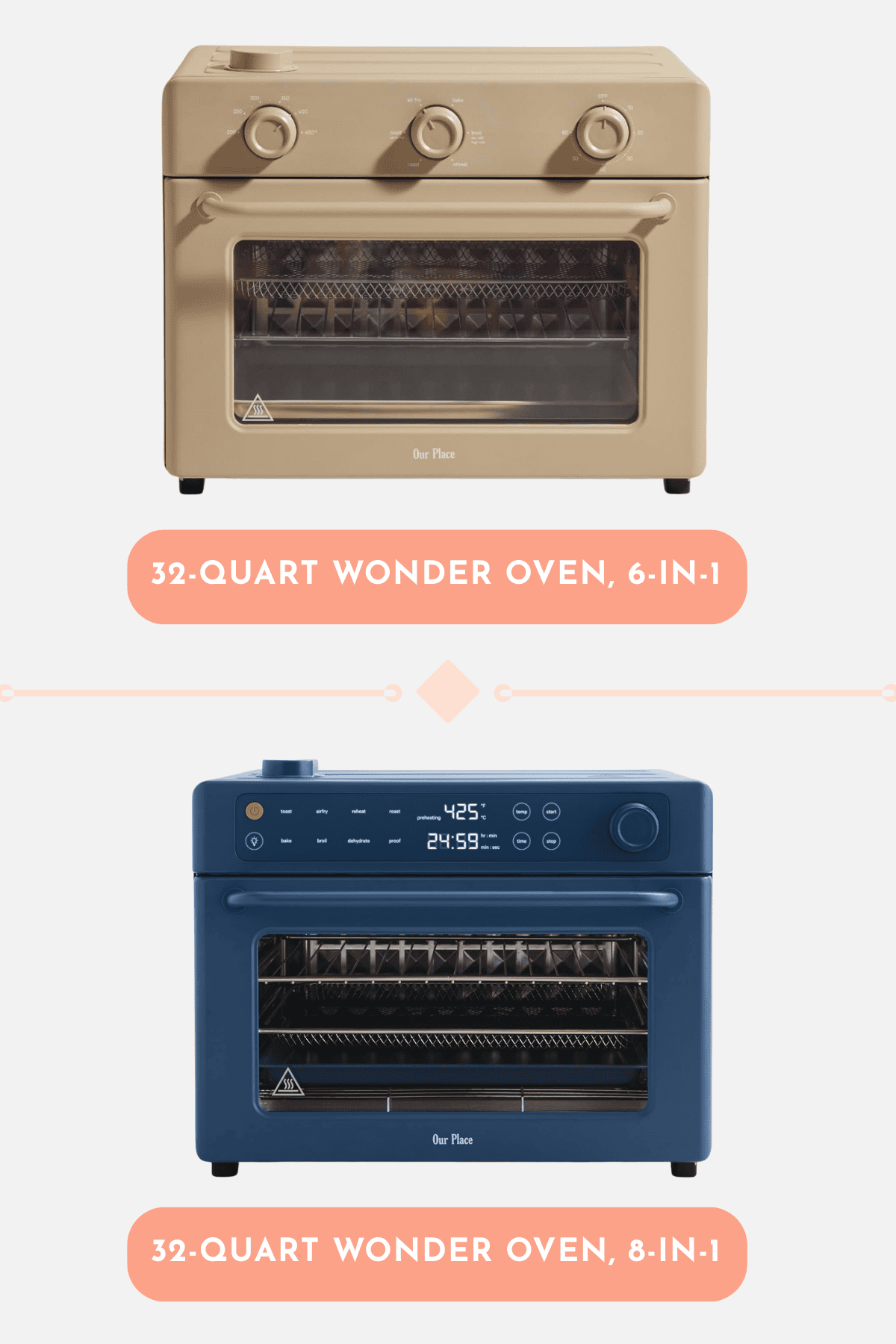 Comparison image showing two Our Place Wonder Oven models in beige and navy blue