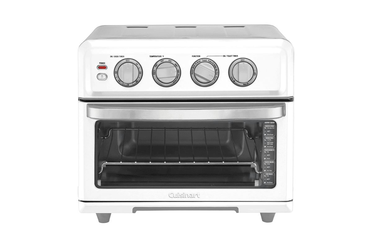 White Cuisinart air fryer toaster oven with control dials on front panel