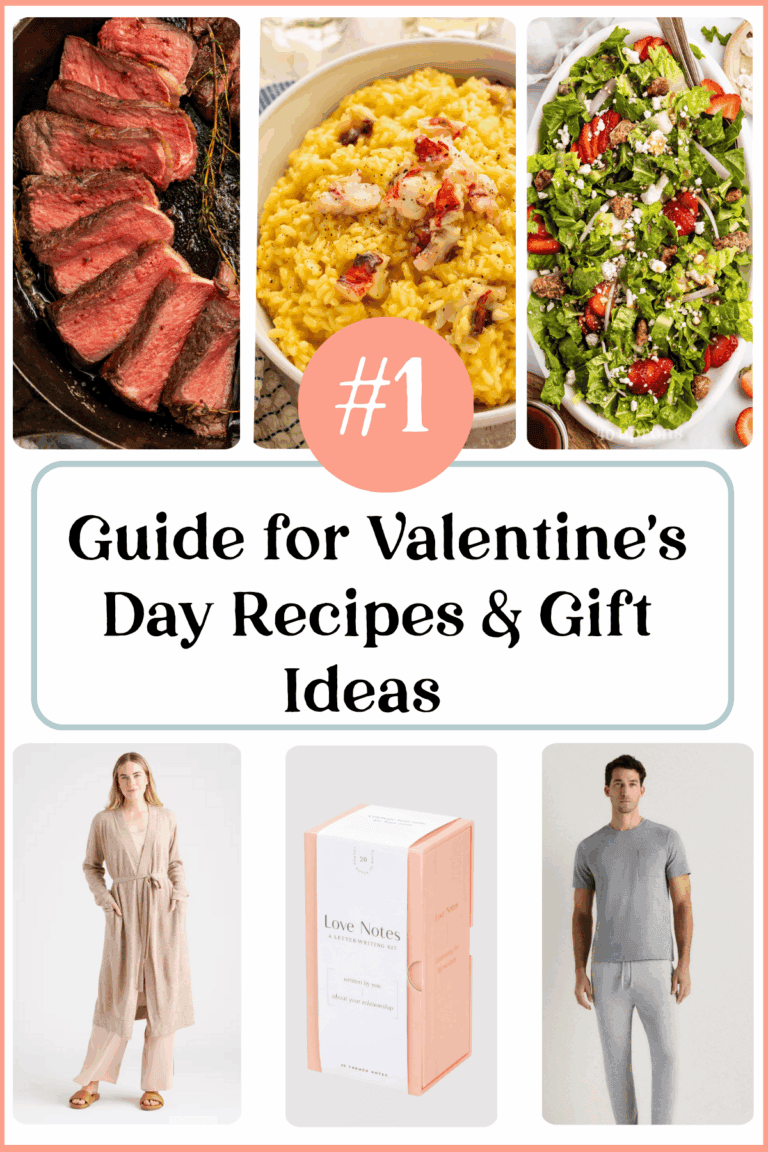 Valentine's Day guide featuring sliced steak, lobster risotto, strawberry salad, women's robe, love notes card set, and men's pajamas with title Guide for Valentine's Day Recipes and Gift Ideas