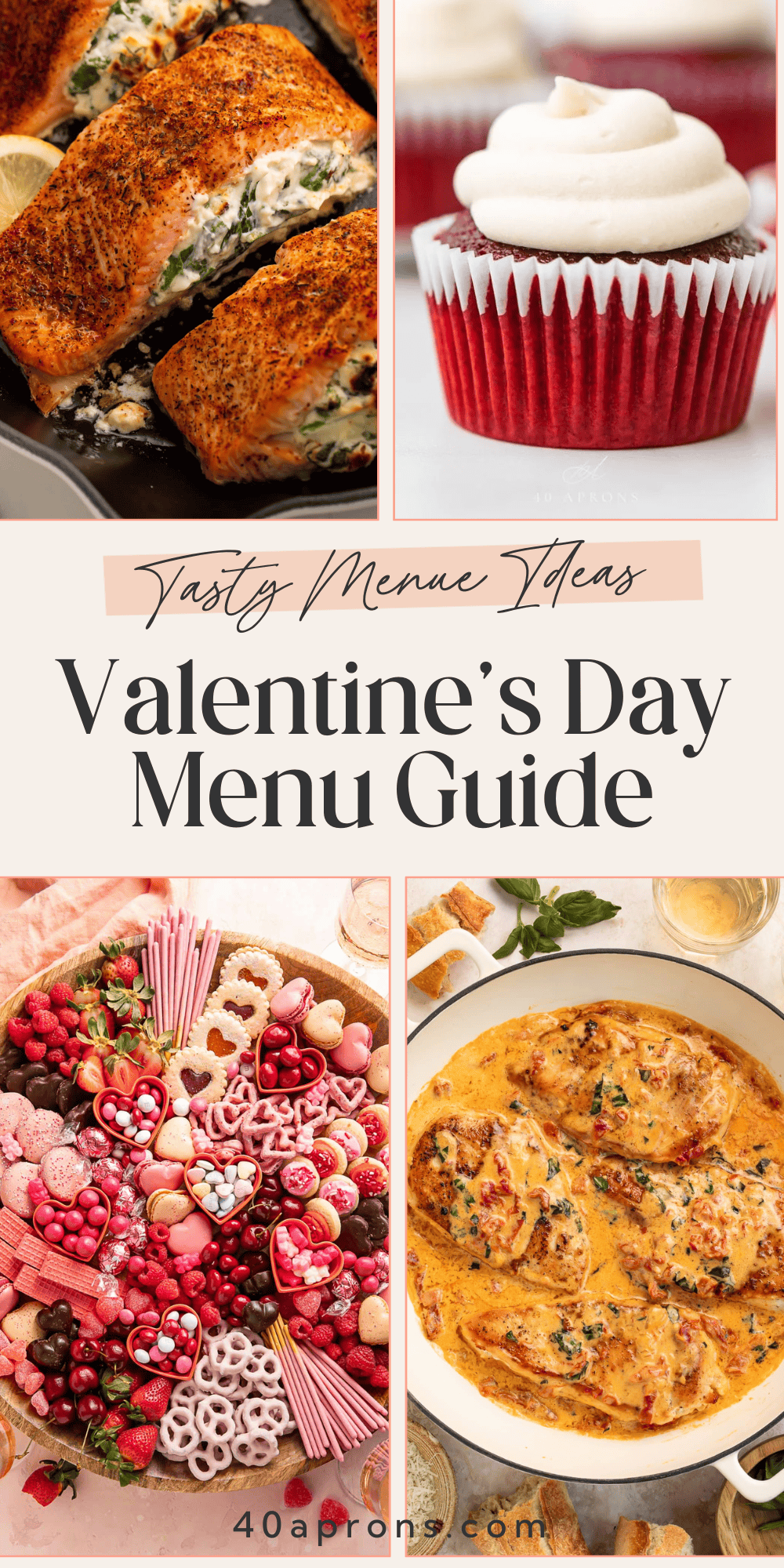 Pinterest pin for Valentine's Day menu guide showing spinach stuffed salmon, red velvet cupcake, pink charcuterie board, and chicken in cream sauce