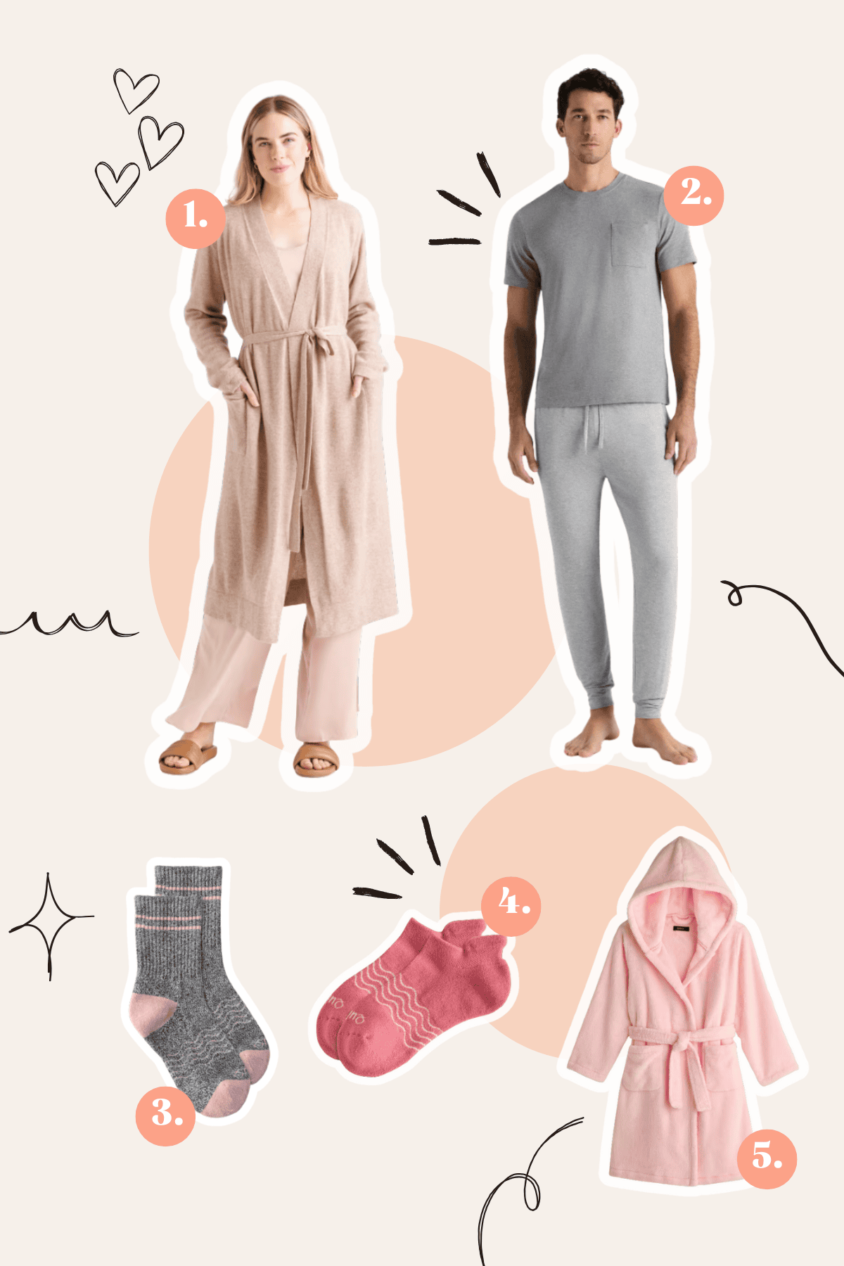 Valentine's Day gift ideas collage showing cozy robes, pajamas, and fuzzy socks for couples and kids