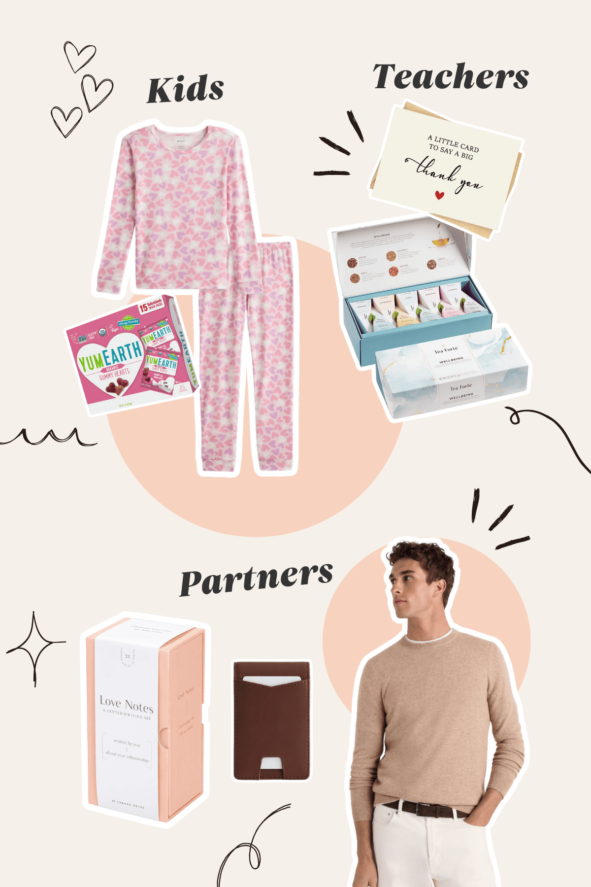 Valentine's Day gift ideas collage showing pajamas and candy for kids, thank you card and tea set for teachers, love notes and wallet for partners