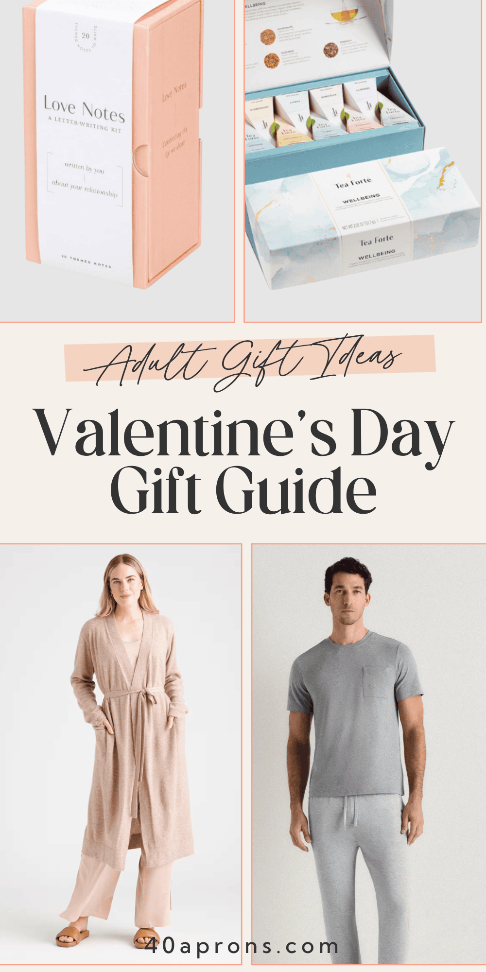 Pinterest pin for Valentine's Day gift guide showing love notes kit, tea sampler, beige robe, and gray men's pajamas