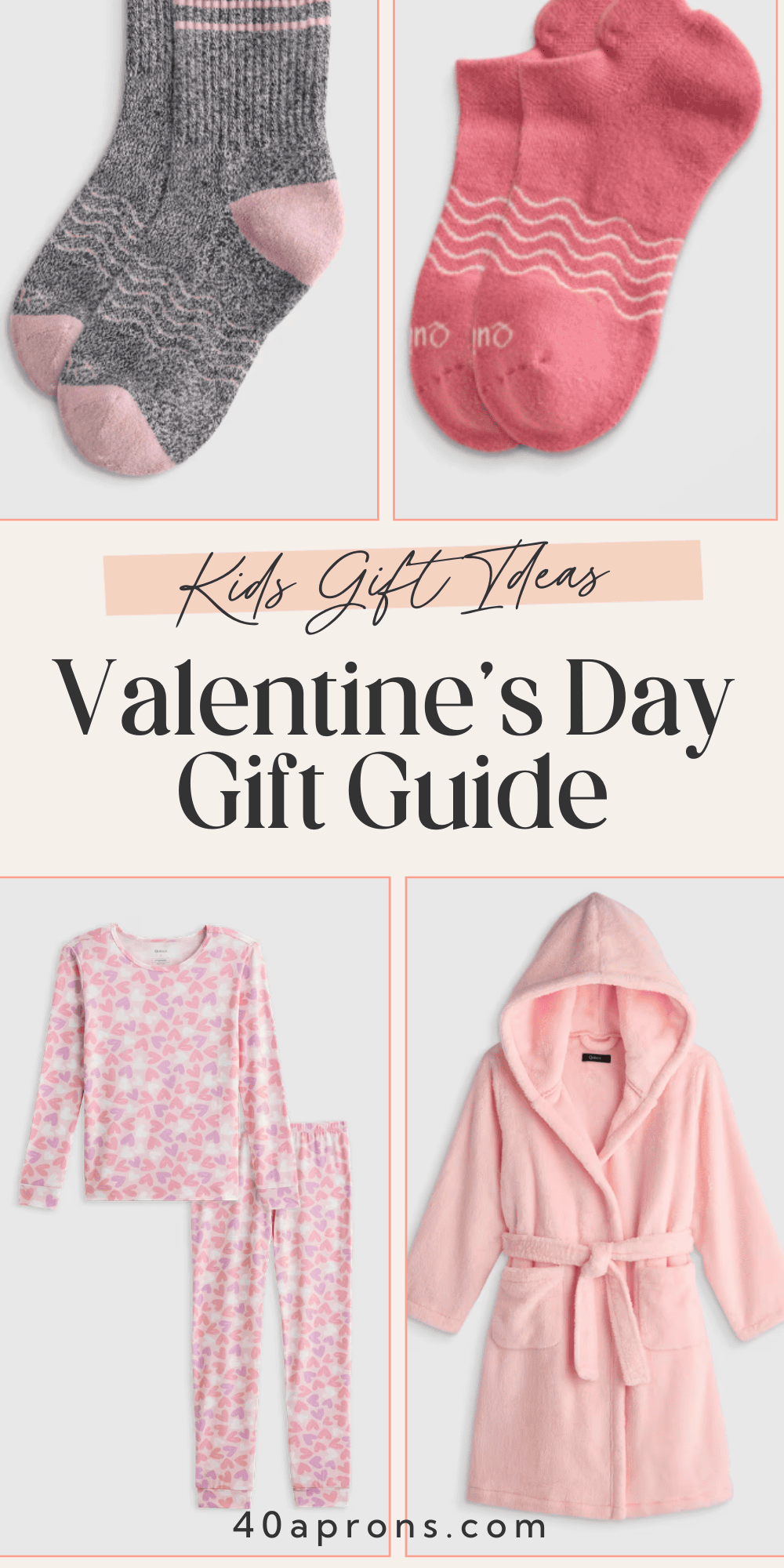 Pinterest pin for Valentine's Day gift guide showing gray and pink socks, fuzzy pink socks, heart pajamas, and pink kids robe