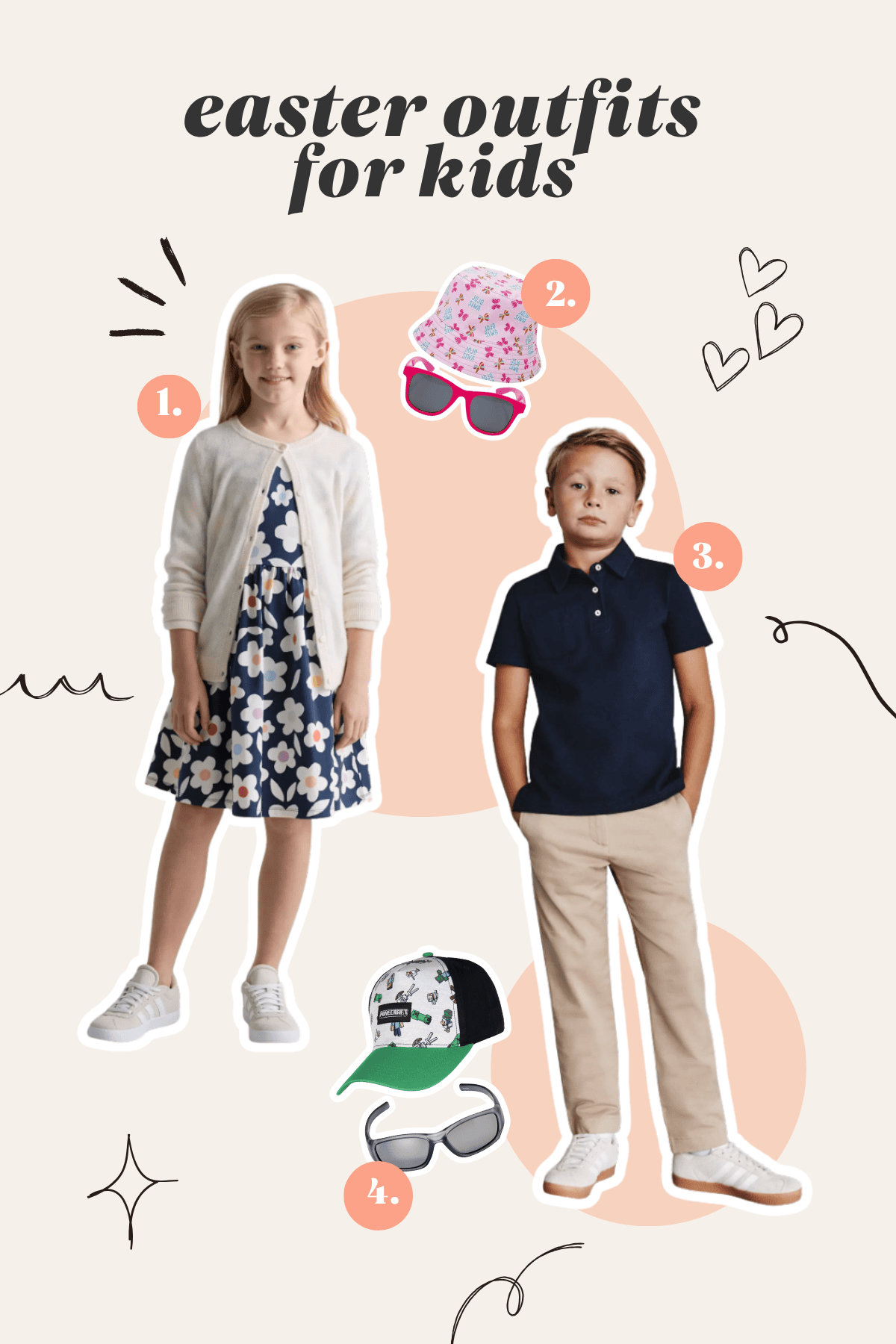 A girl in a floral dress and white cardigan and a boy in a navy polo with khaki pants wearing Easter outfits for kids