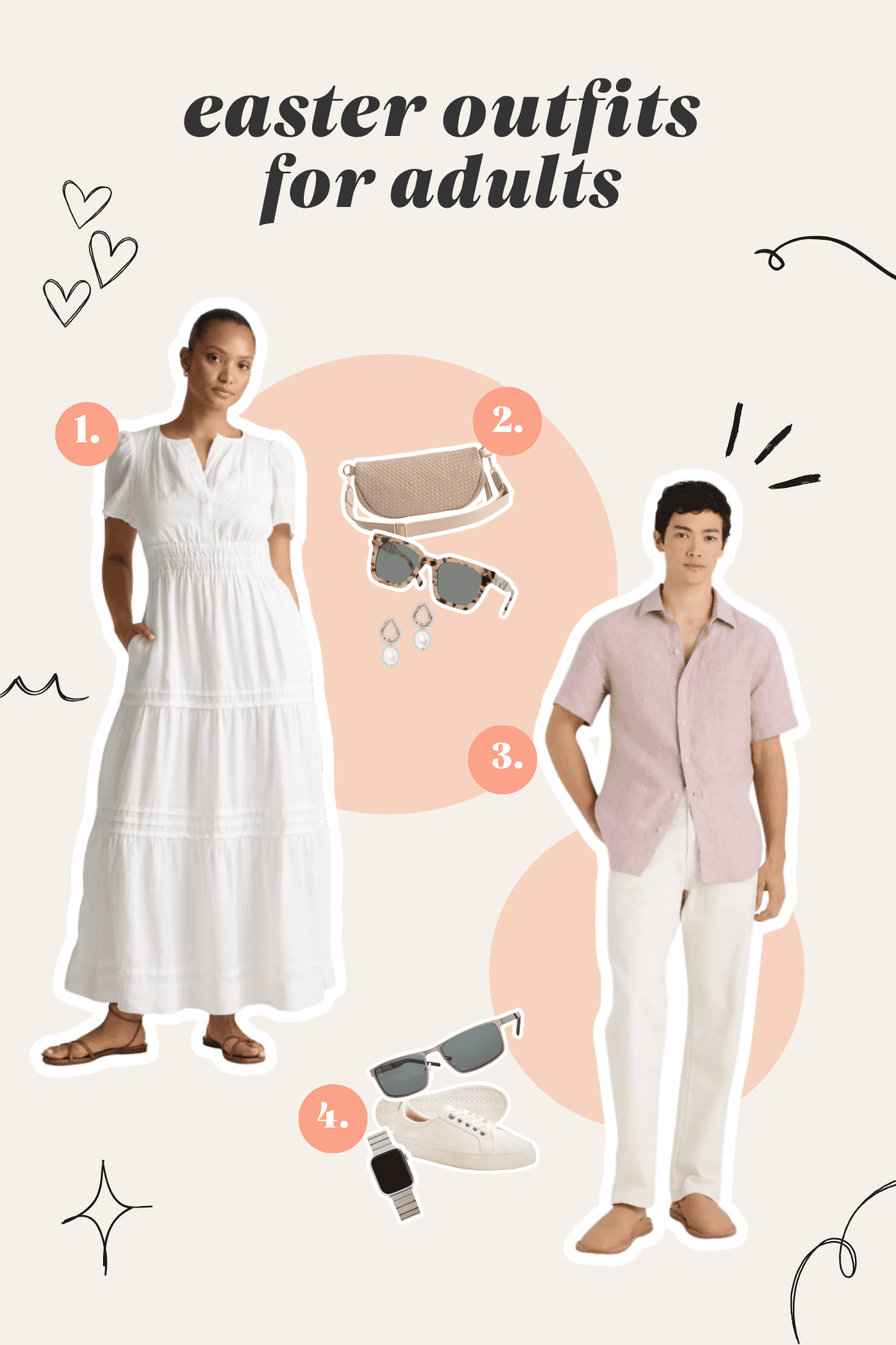 A woman in a white tiered maxi dress with sandals and a man in a pink linen shirt with white trousers in Easter outfits for adults