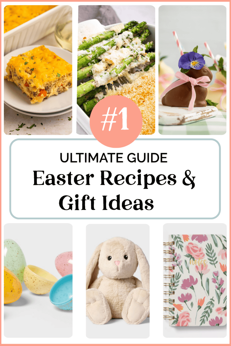 Collage featuring an egg and cottage cheese bake, asparagus casserole, chocolate bunny cocktail, Easter eggs, a stuffed bunny, and a floral notebook.
