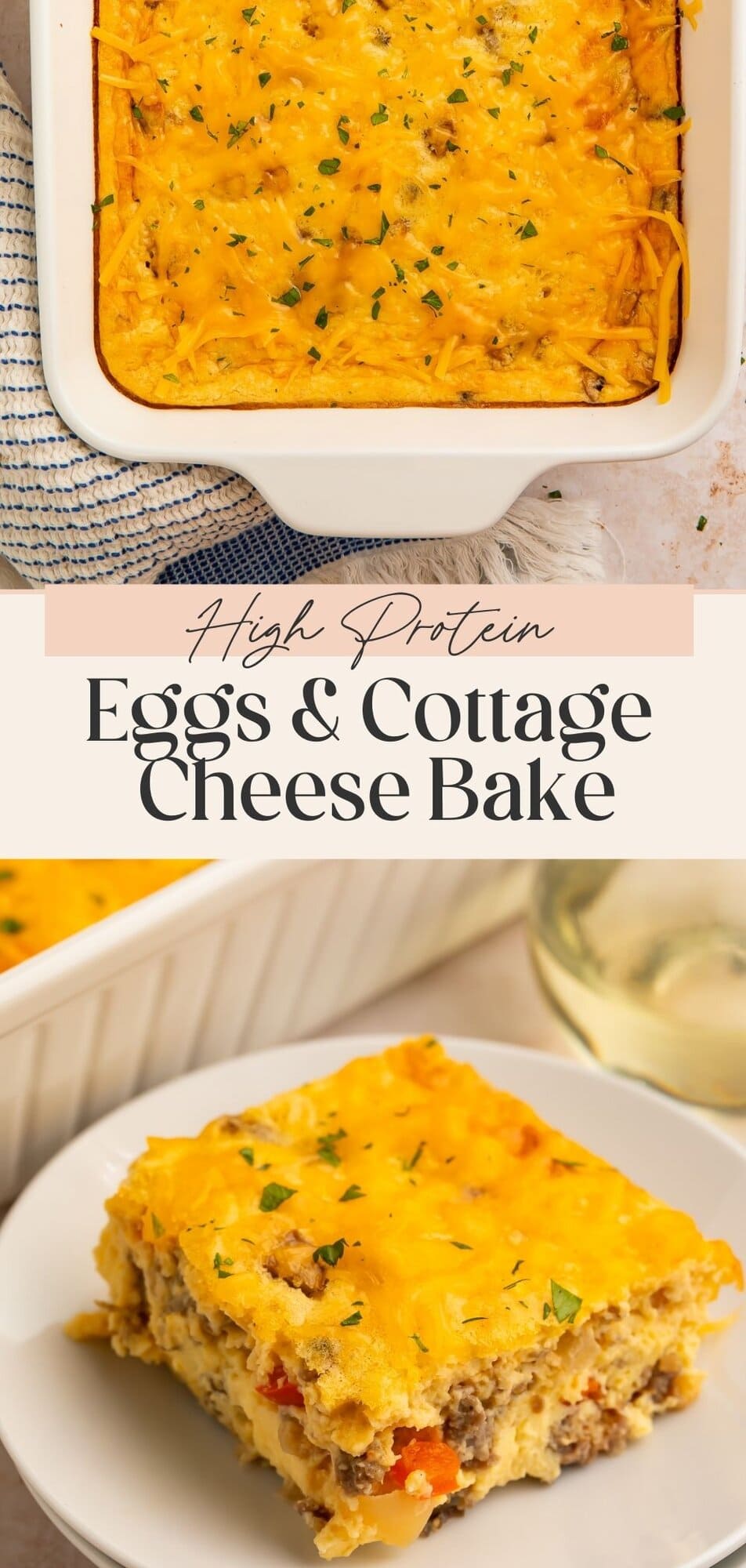 Collage of overhead cottage cheese egg bake in a white casserole dish and a single serving slice on a plate