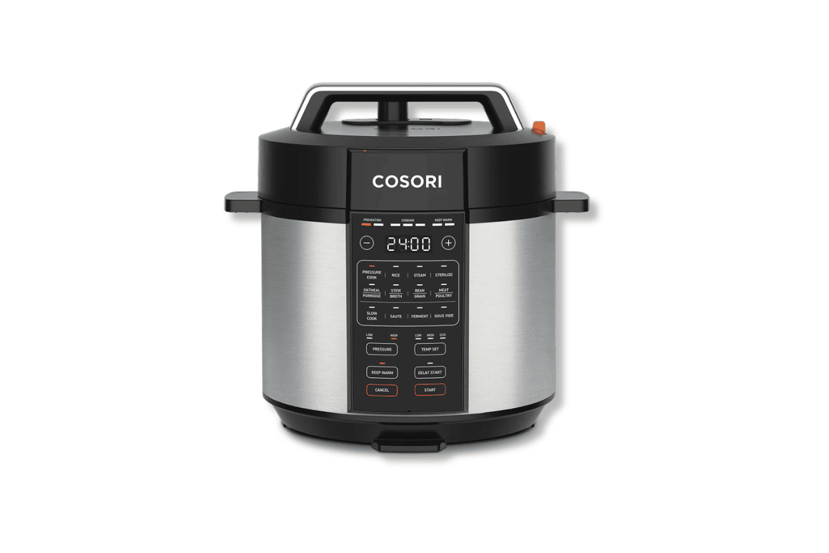 COSORI stainless steel and black pressure cooker with digital display on a white background
