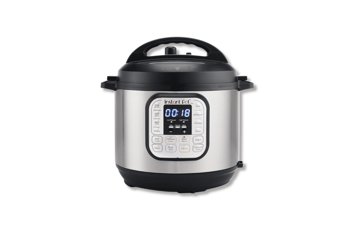 Instant Pot Duo Plus stainless steel pressure cooker with digital display on a white background