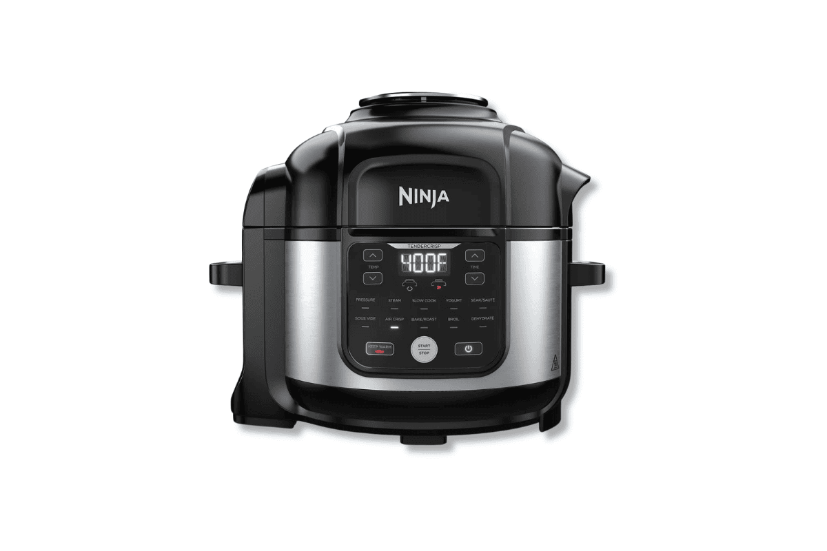 Ninja Foodi stainless steel pressure cooker and air fryer combo on a white background