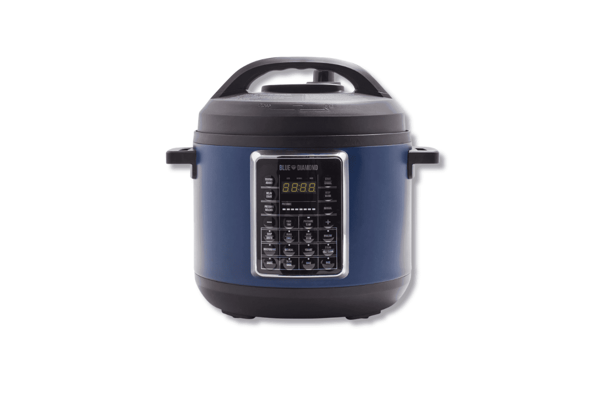 Blue Diamond navy blue pressure cooker with black lid and digital control panel on white background