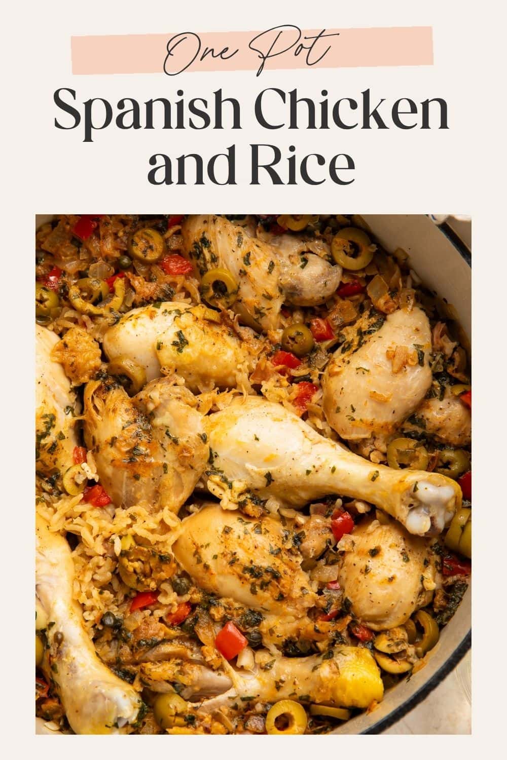 Pinterest pin showing a close-up Dutch oven with seasoned chicken drumsticks, green olives, capers, and spiced rice