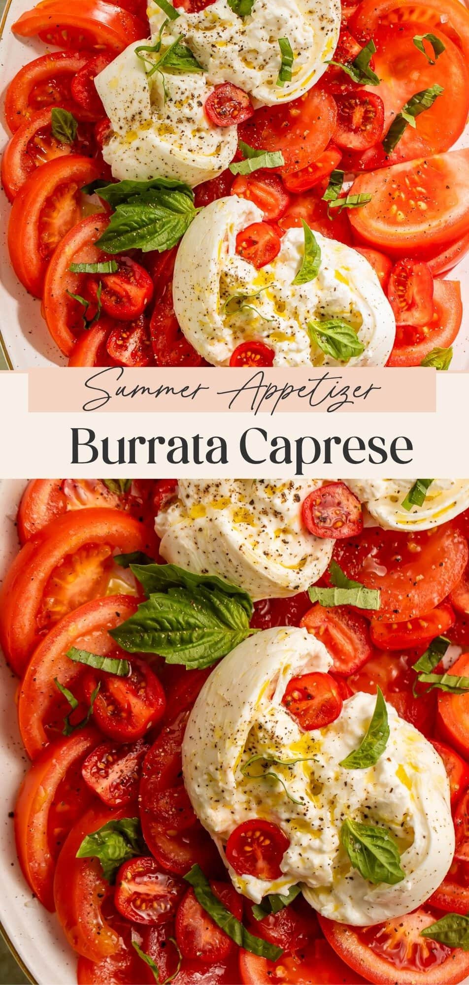 Two-panel summer appetizer pin showing close-up burrata caprese salad with tomatoes and basil