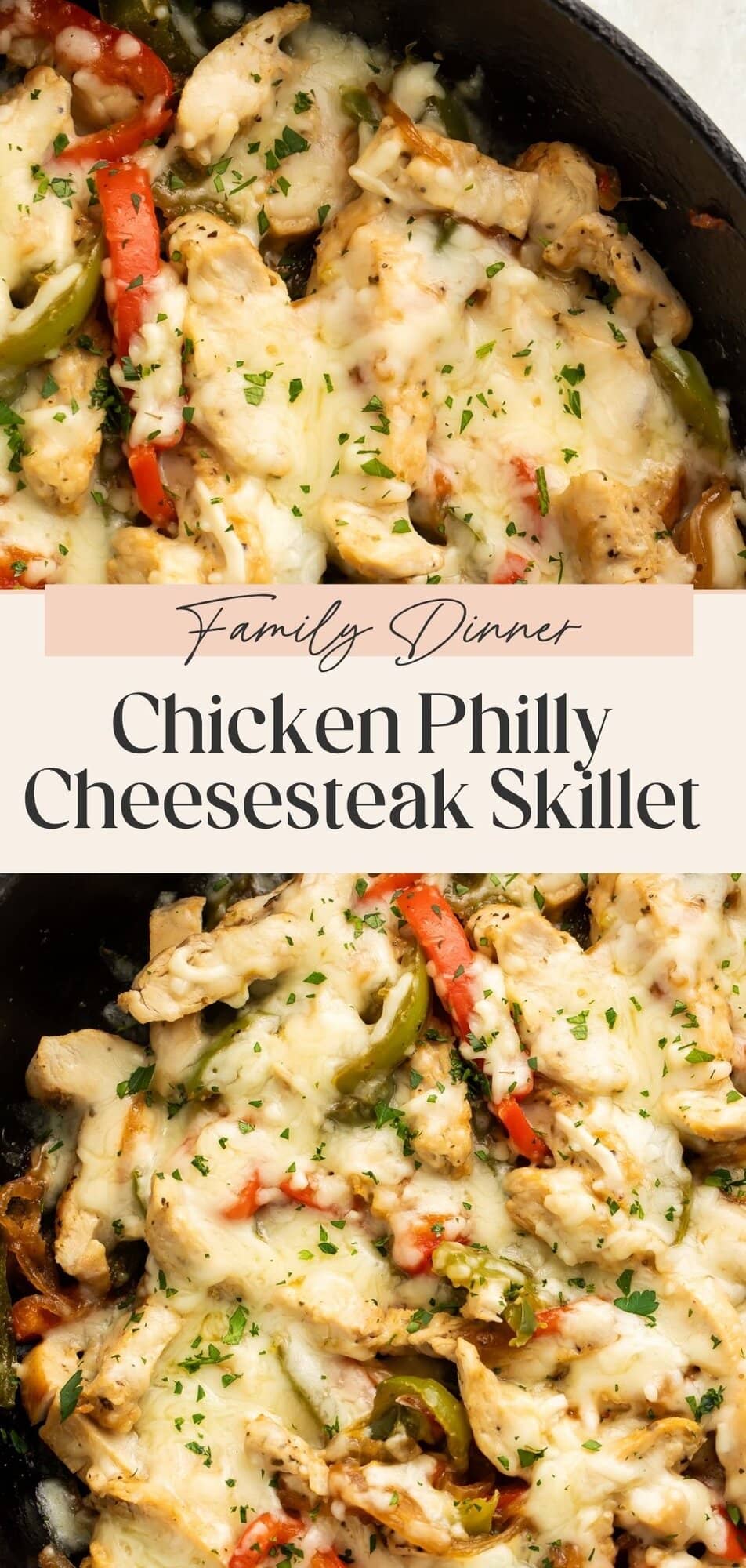 Easy chicken Philly cheesesteak skillet Pinterest pin with overhead cast iron skillet shot showing melted provolone and sautéed peppers