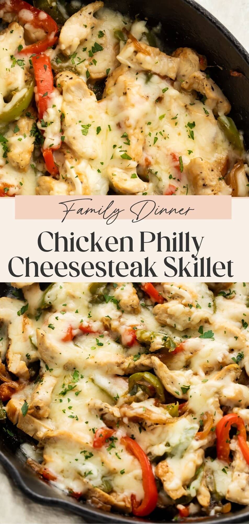 Quick dinner chicken Philly cheesesteak skillet Pinterest pin showing cast iron skillet with melted cheese, red and green bell peppers, and fresh parsley