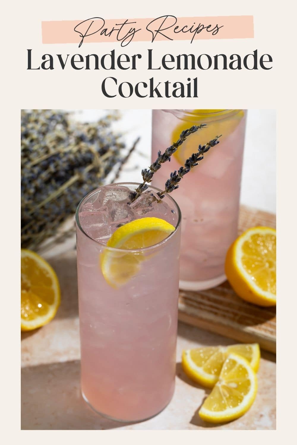 Two pink lavender lemonade cocktails in highball glasses with lemon and lavender, labeled Party Recipes