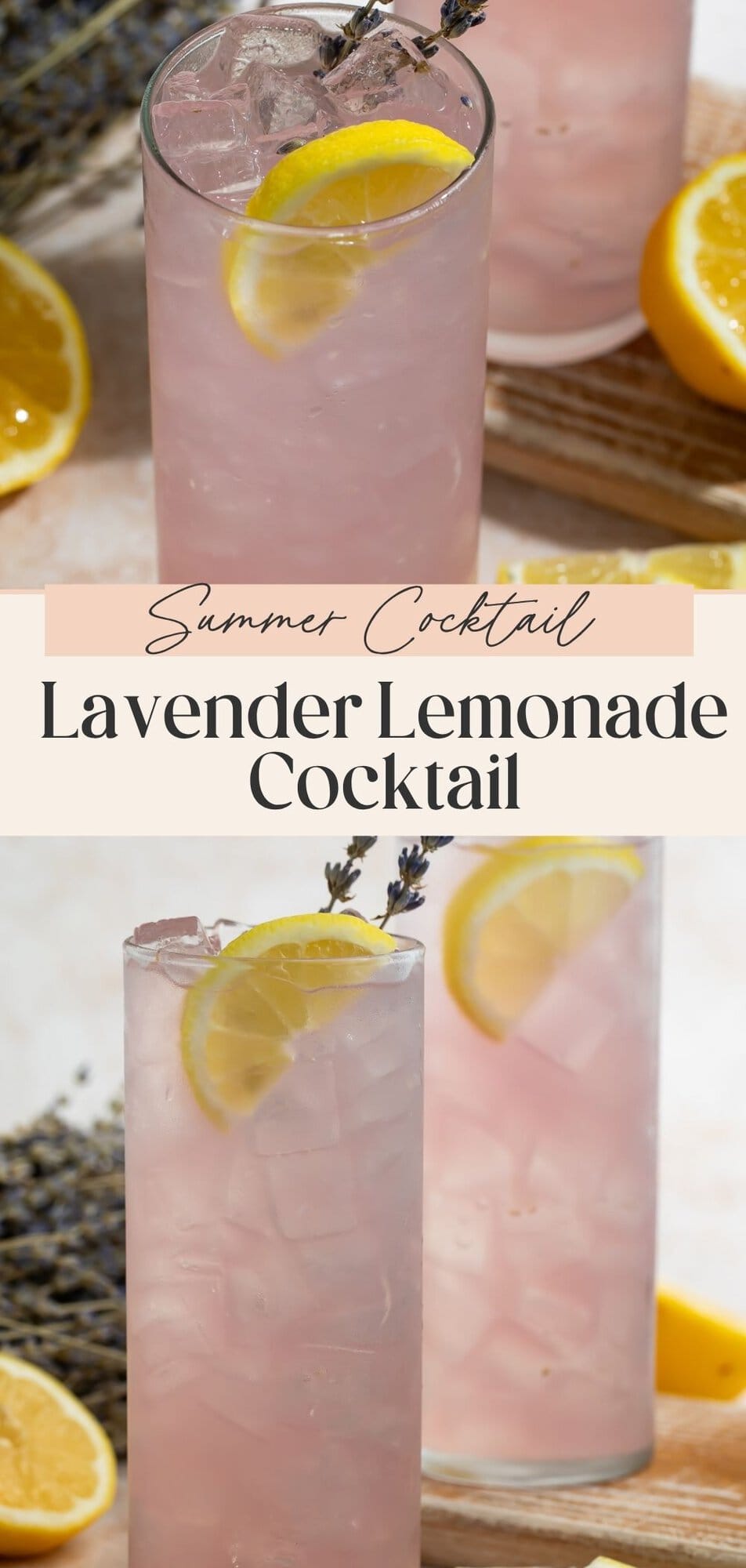 Collage of two pale pink lavender lemonade cocktails with lemon slices and lavender garnish, labeled Summer Cocktail