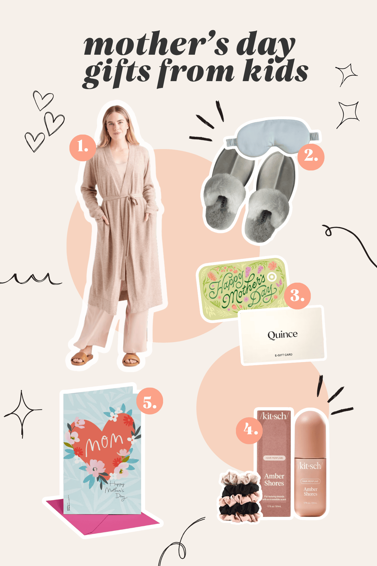 Mother's Day gifts from kids collage featuring a knit robe, fur slippers, silk sleep mask, gift cards, hair perfume, scrunchies, and a greeting card