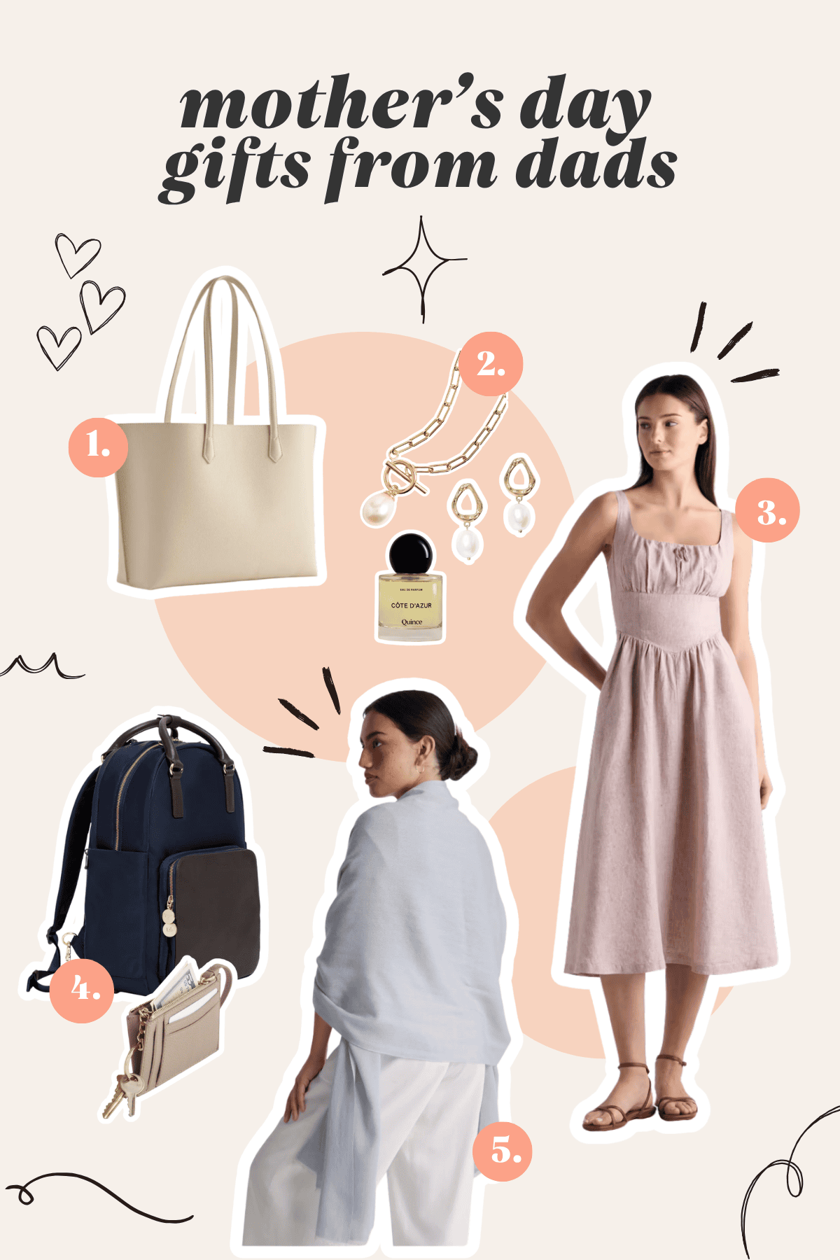 Mother's Day gifts from dads collage featuring a leather tote, pearl jewelry, perfume, a pink linen dress, a backpack, a wallet, and a cashmere wrap