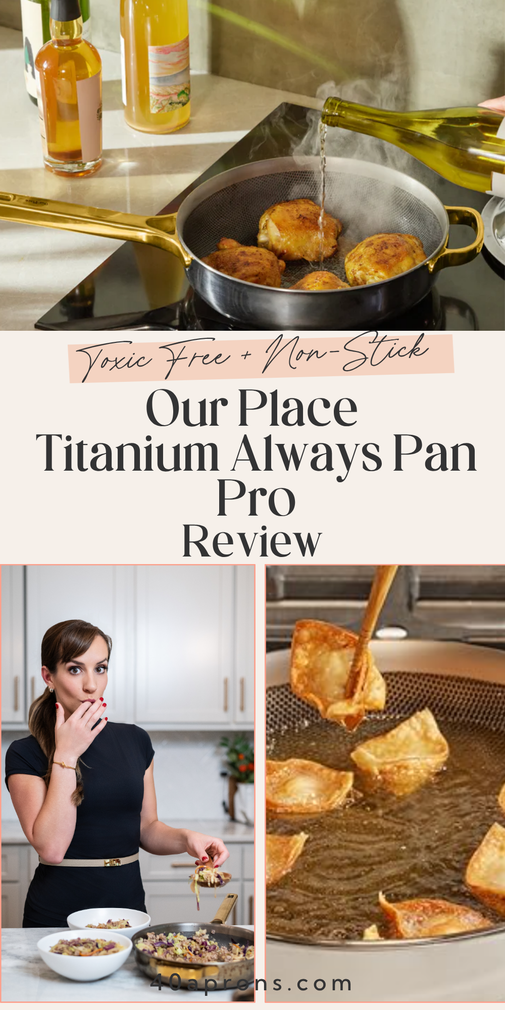 Our Place Titanium Always Pan Pro review Pinterest pin with text overlay reading Toxic Free and Non-Stick