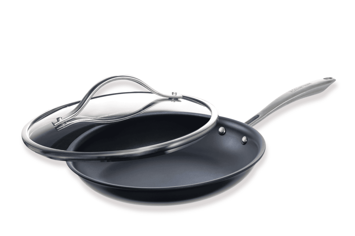 Guy Fieri Flavortown Laser Titanium 12-inch fry pan with glass lid on white background