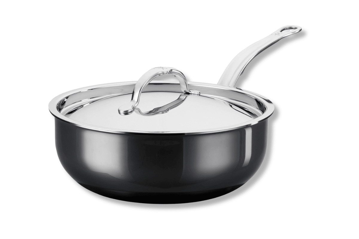 Hestan NanoBond black titanium all-in-one pan with stainless steel lid on white background
