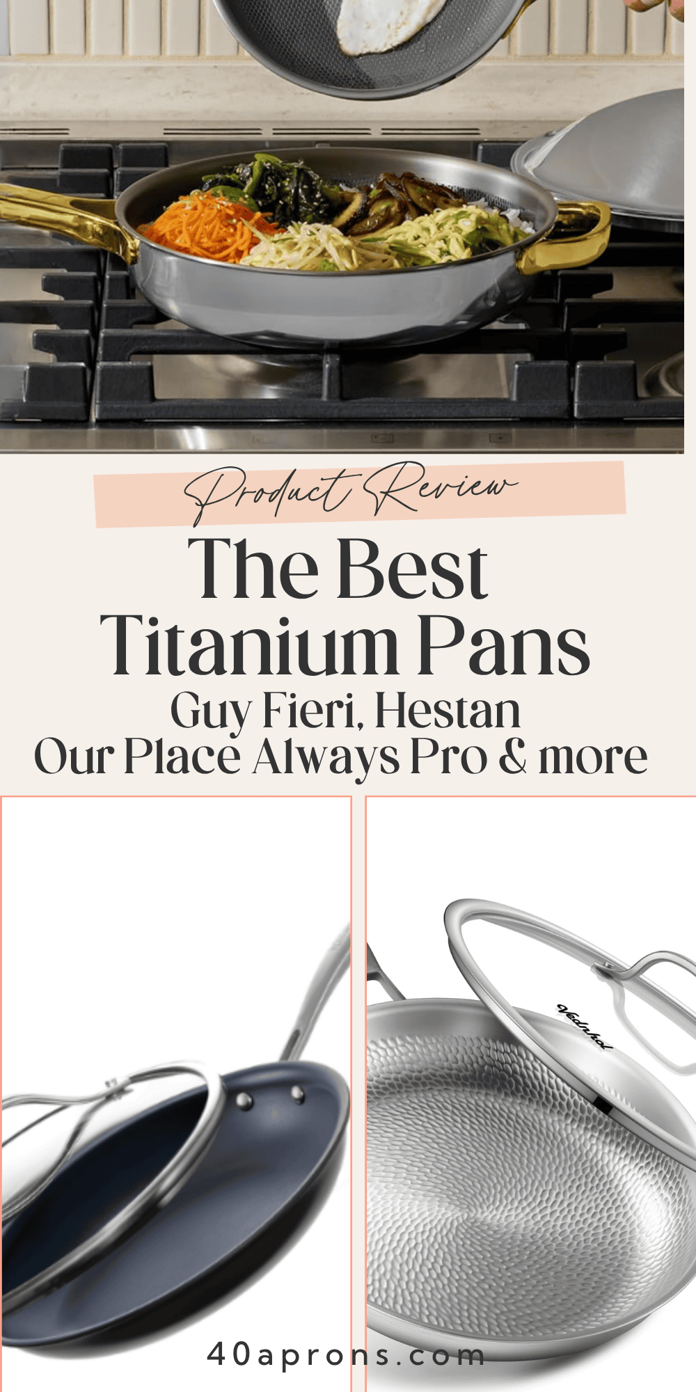 Best titanium pans product review Pinterest pin featuring Guy Fieri and VEDNHOL pans on white background