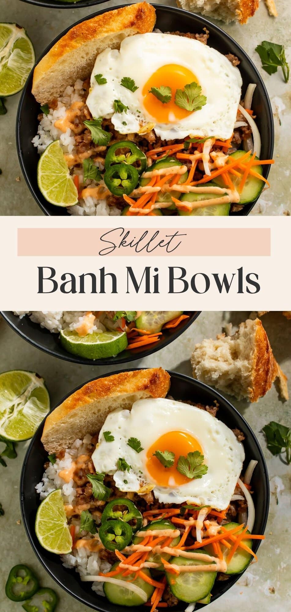 Healthy skillet banh mi bowls Pinterest graphic with rice bowls topped with fried eggs, vegetables, and lime wedges