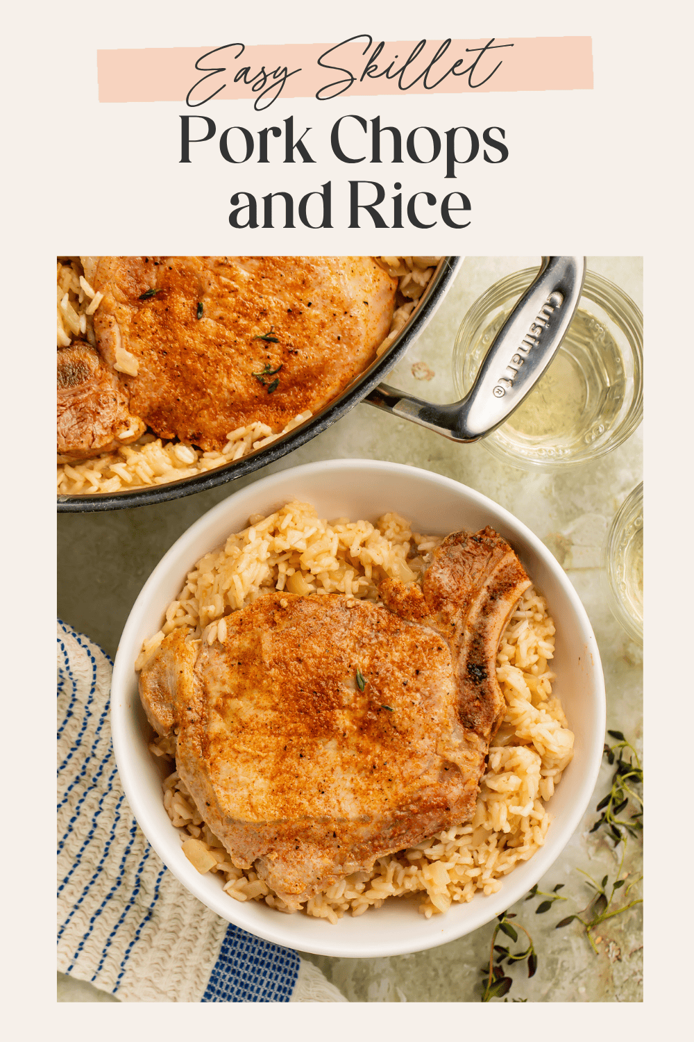 Easy skillet pork chops and rice Pinterest graphic with bone-in pork chops served over seasoned rice in a skillet and bowl