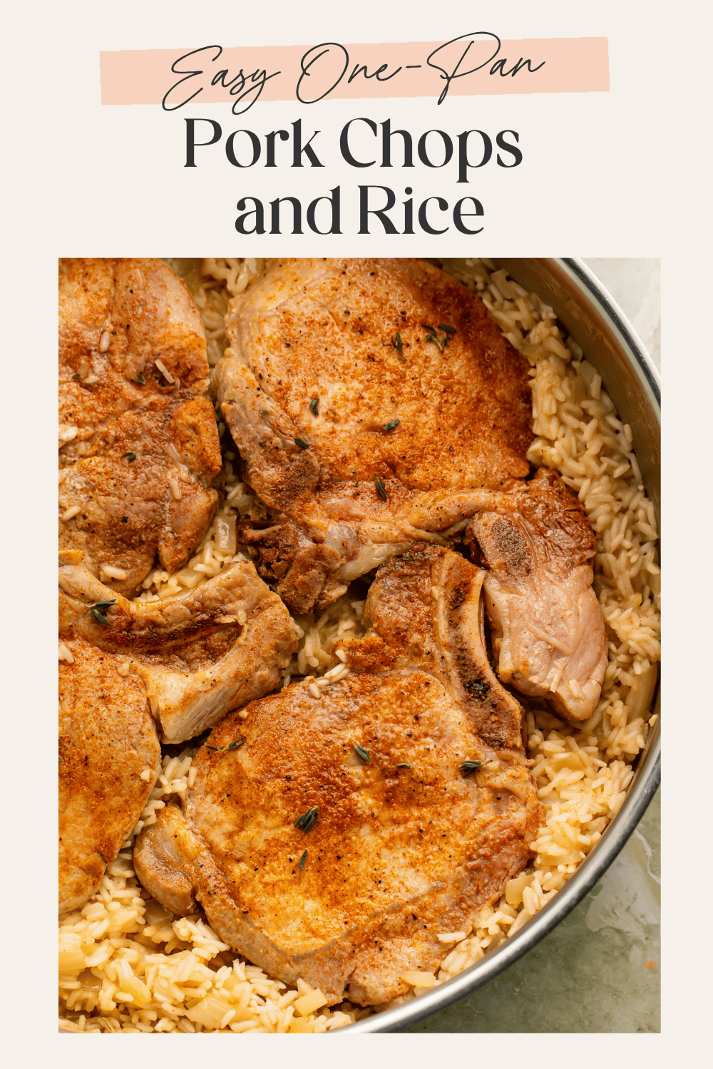 Easy one-pan pork chops and rice recipe pin featuring skillet-seared pork chops over fluffy rice