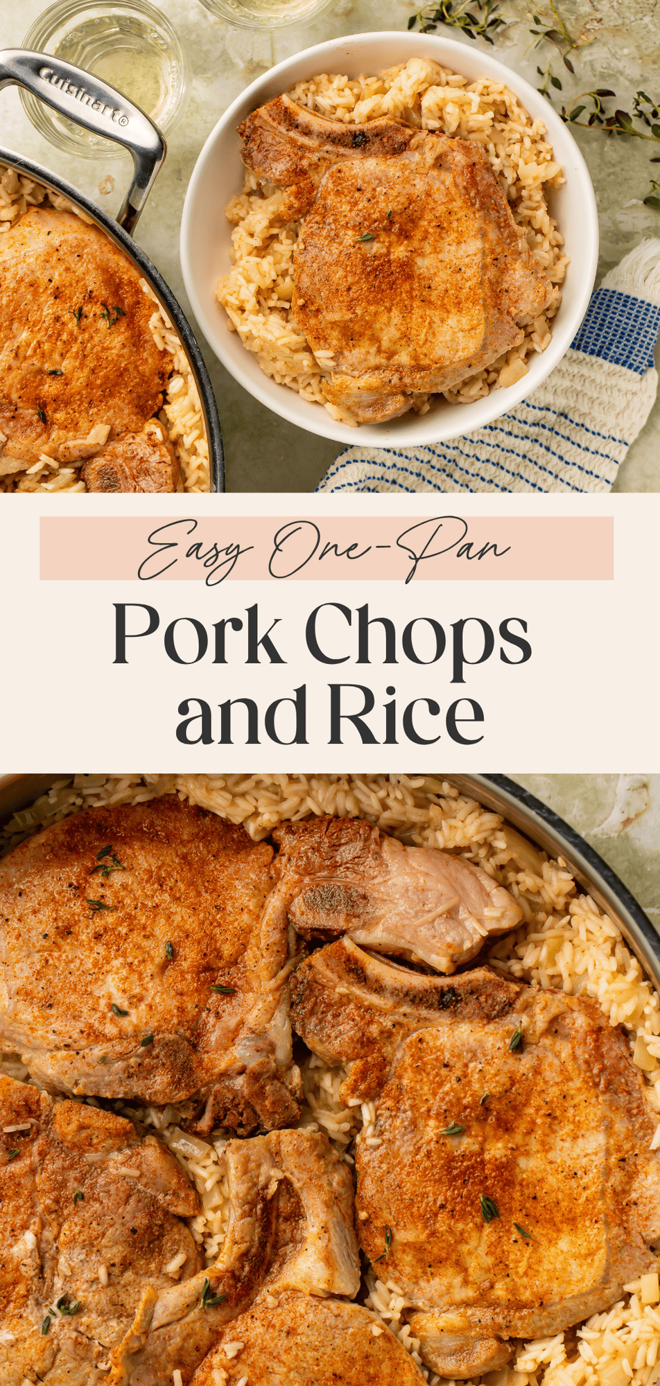 Easy one-pan pork chops and rice recipe Pinterest graphic with skillet pork chops and rice dinner