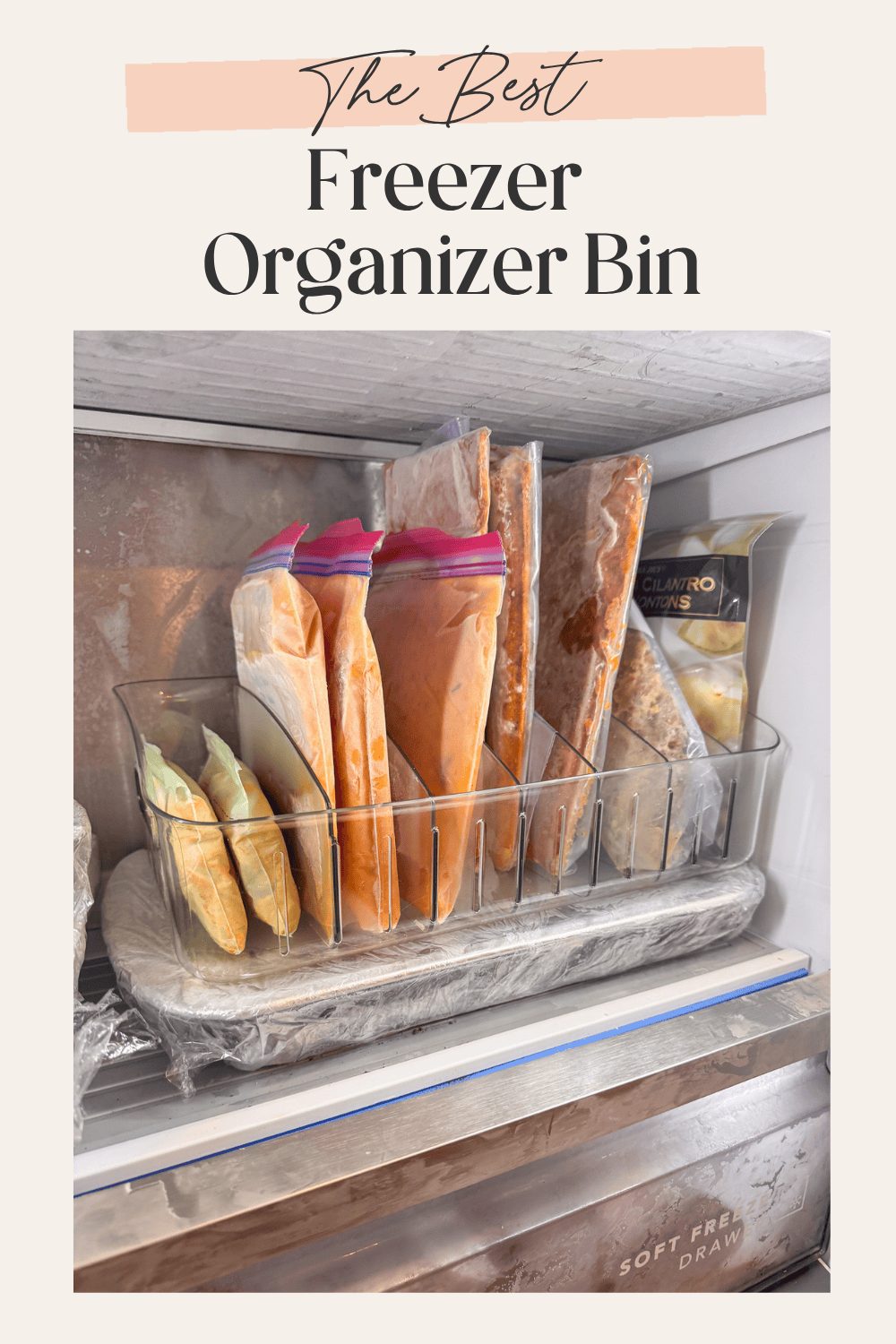 Freezer organizer bin holding upright labeled frozen meal bags in a soft freeze drawer
