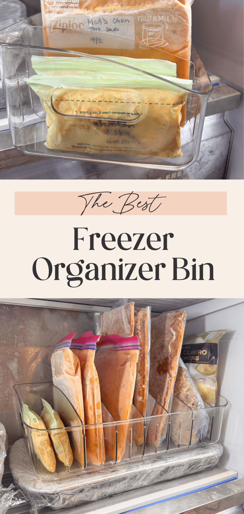A clear freezer storage bin with labeled frozen bags and a second image of a larger bin with upright frozen meal bags