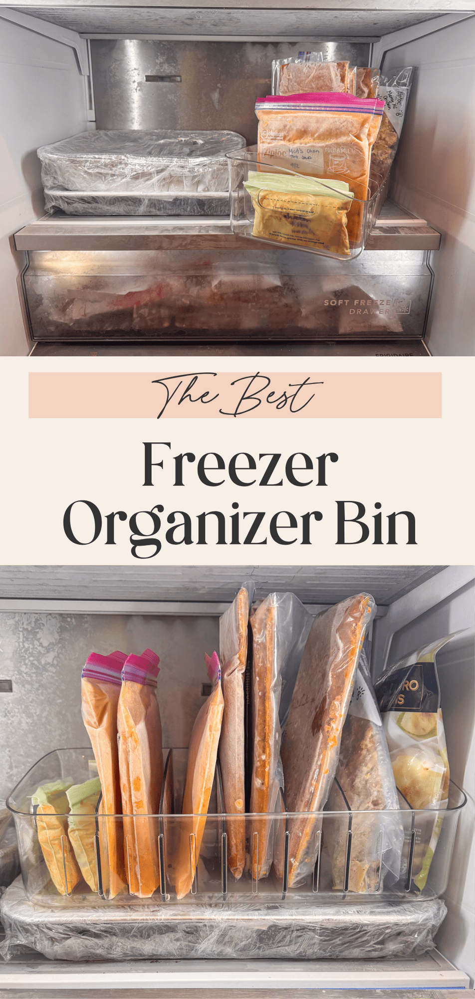 Organized freezer shelf with clear storage bin and second image of bin filled with upright frozen meal bags