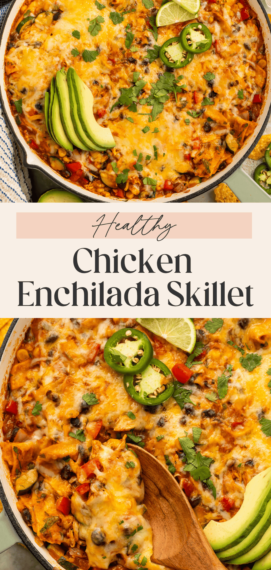 Healthy chicken enchilada skillet in a large pan topped with avocado slices, melted cheese, jalapeños, and cilantro.