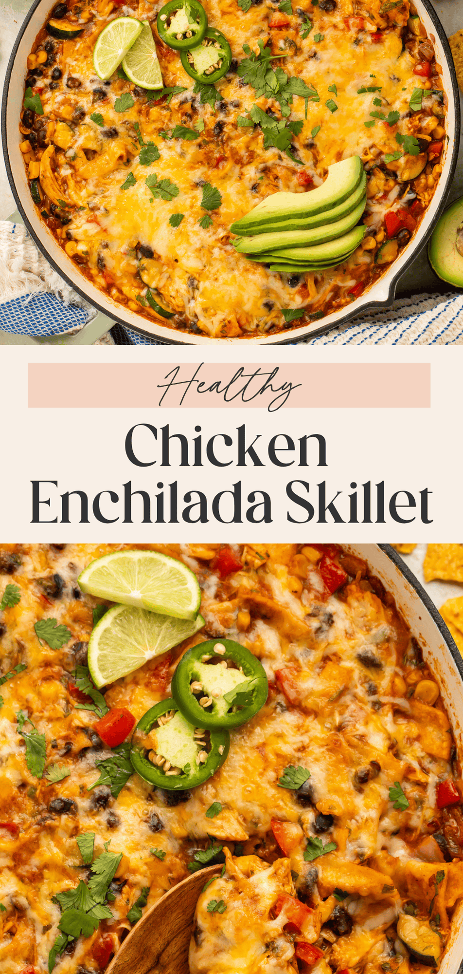 Close-up healthy chicken enchilada skillet with melted cheese, jalapeños, cilantro, lime wedges, and avocado.