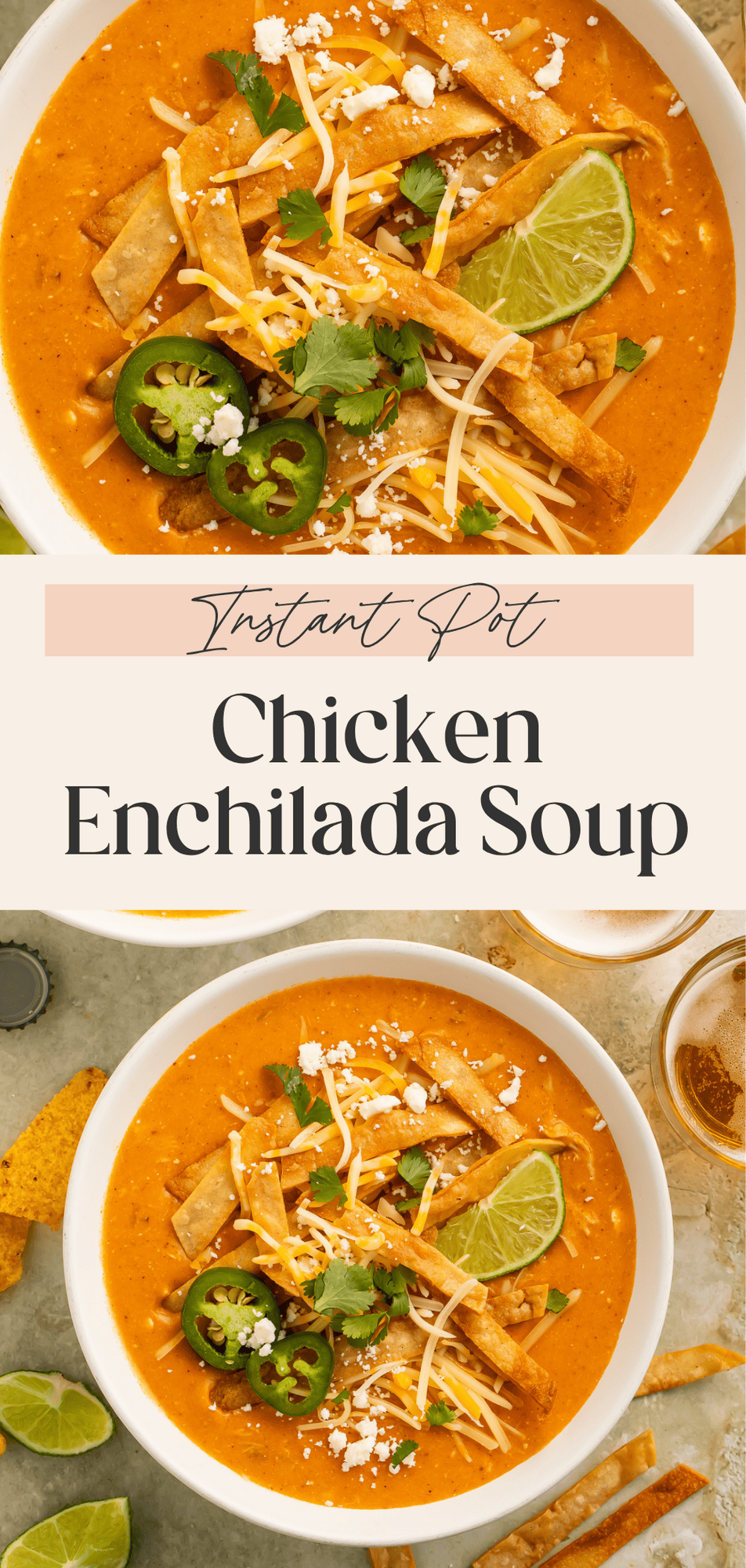 Collage of close-up and overhead views of creamy Instant Pot chicken enchilada soup in white bowl