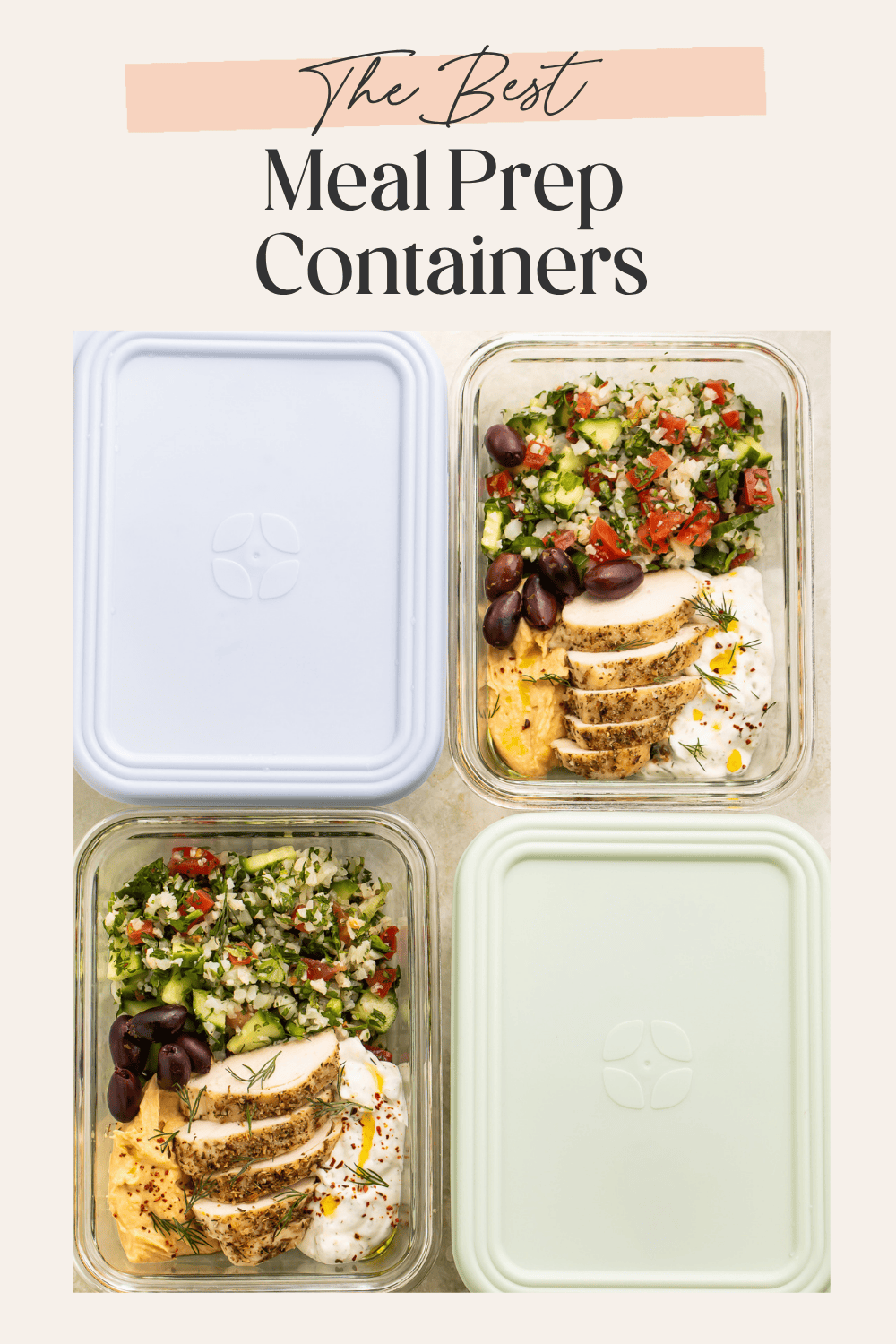 Pinterest pin graphic overhead view of four glass meal prep containers two open showing Mediterranean chicken tabbouleh and hummus with blue and mint lids