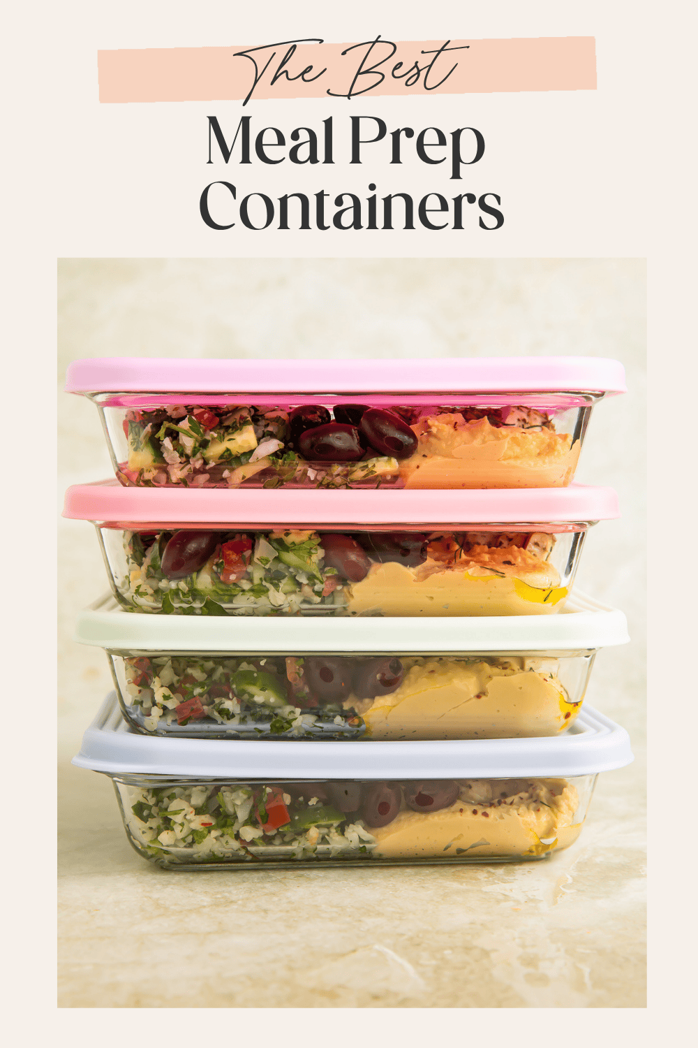 Pinterest pin graphic of four stacked glass meal prep containers with pink and white lids filled with Mediterranean style meal prepped food