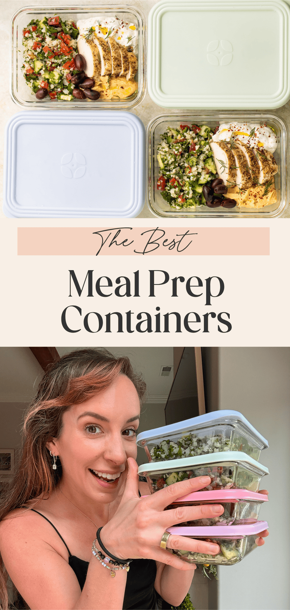 Collage Pinterest pin showing overhead view of glass meal prep containers with Mediterranean food and woman holding stacked containers close to her face