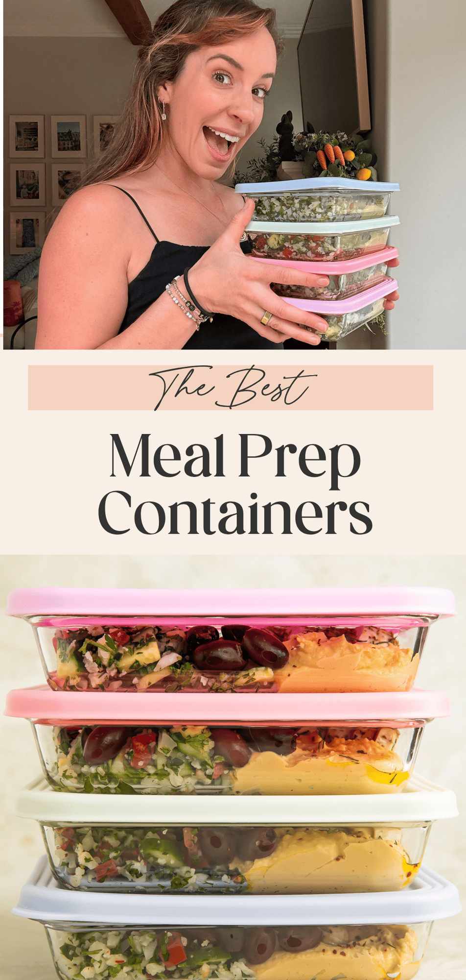 Collage Pinterest pin showing woman holding stacked glass meal prep containers and a close-up stack of four filled containers with pink and white lids