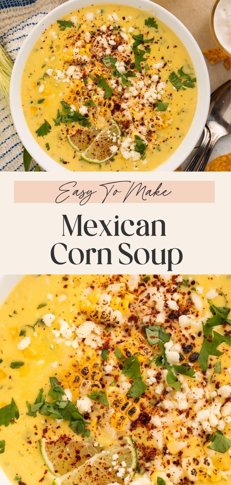Very close up images of the toppings on a bowl of creamy corn soup. A banner with Pinterest-optimised text separates the two images.