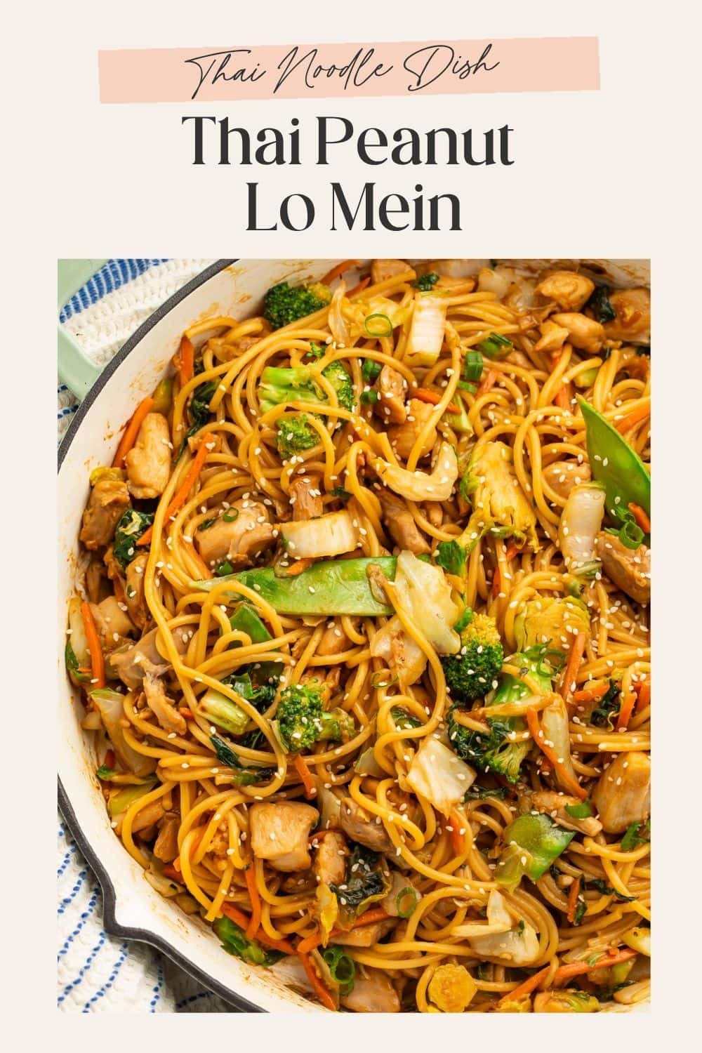 Close up of a skillet of noodles with chicken and vegetables. There is a frame on the image with Pinterest-optimized text.