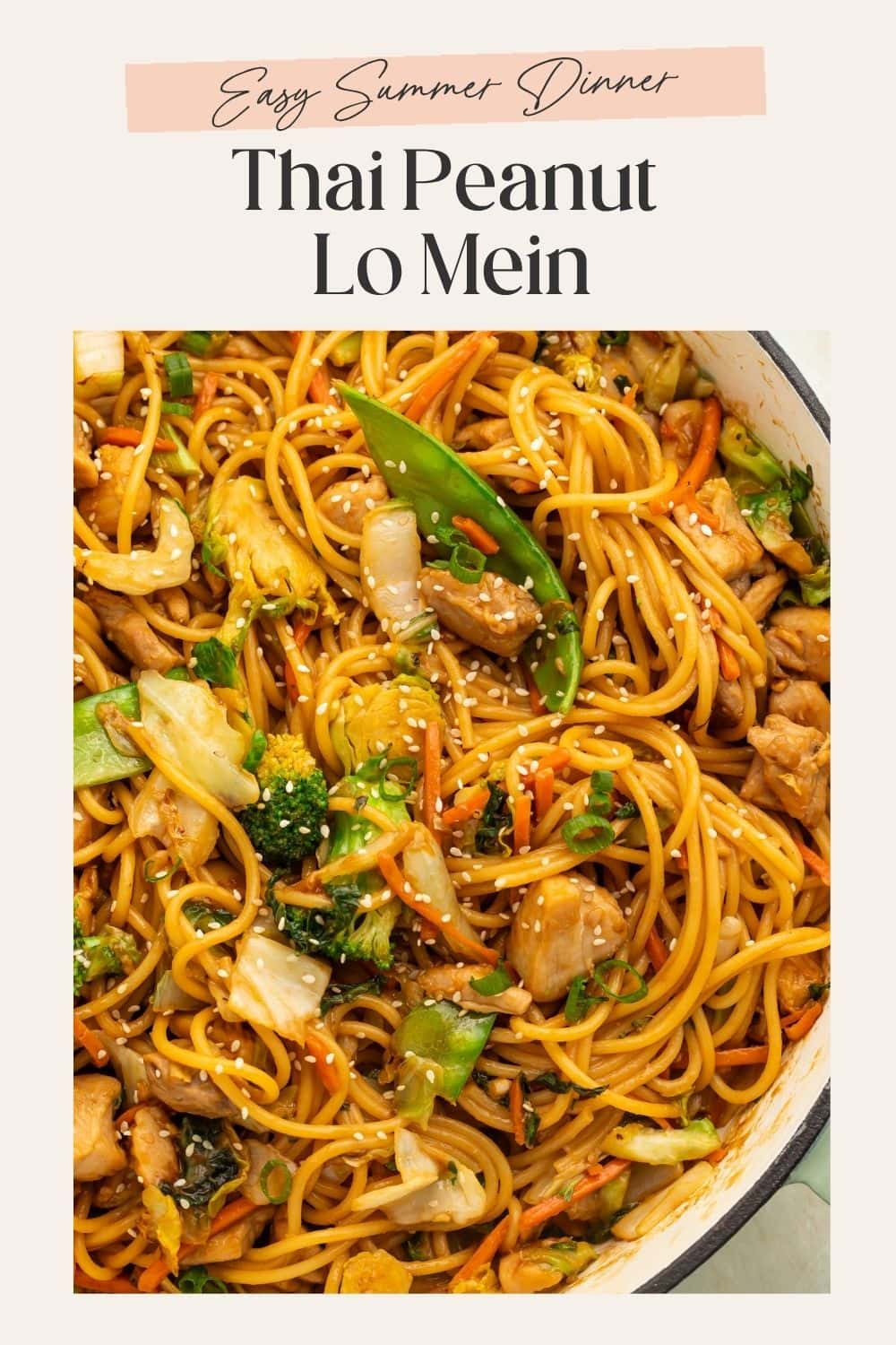 Close up of noodles with chicken, carrots, snow peas, sprouts and sesame seeds. There is a frame on the image with Pinterest-friendly text.