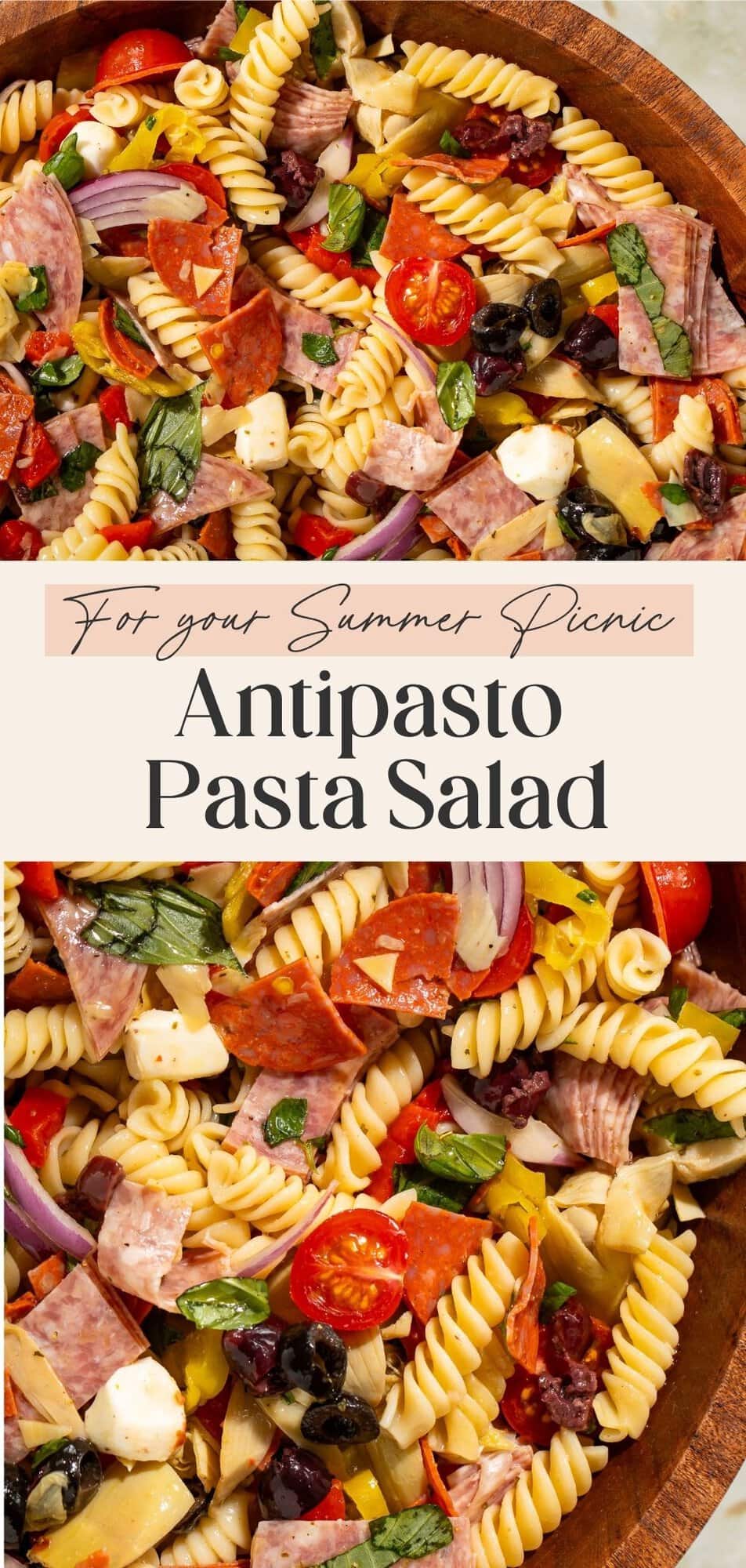 Close up images of a deli counter pasta salad with antipasto items. The images are separated by a banner with a Pinterest-optimised text overlay.