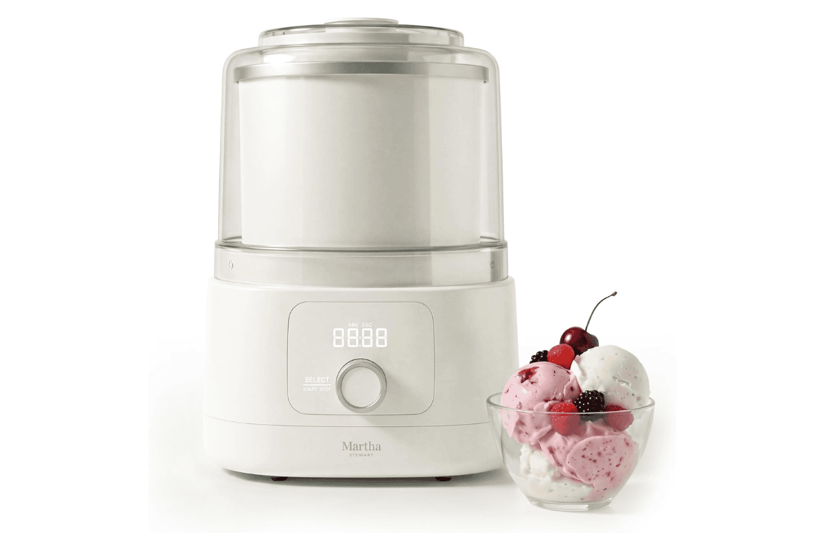 Martha Stewart automatic ice cream maker with a bowl of ice cream.