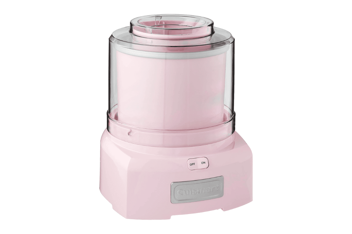 Pink Cuisinart ice cream maker with transparent lid