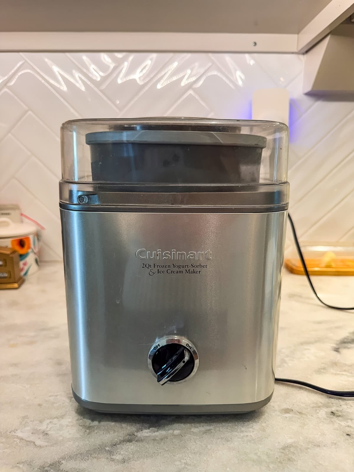Cuisinart 2-quart ice cream maker on a kitchen countertop